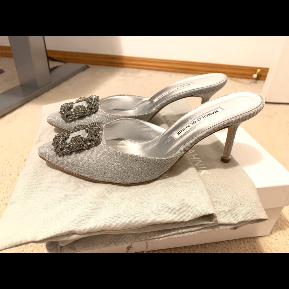 SOLD:Manolo Blahnik Hangisi Mules Silver Fabric 70 - Picture 5 of 6